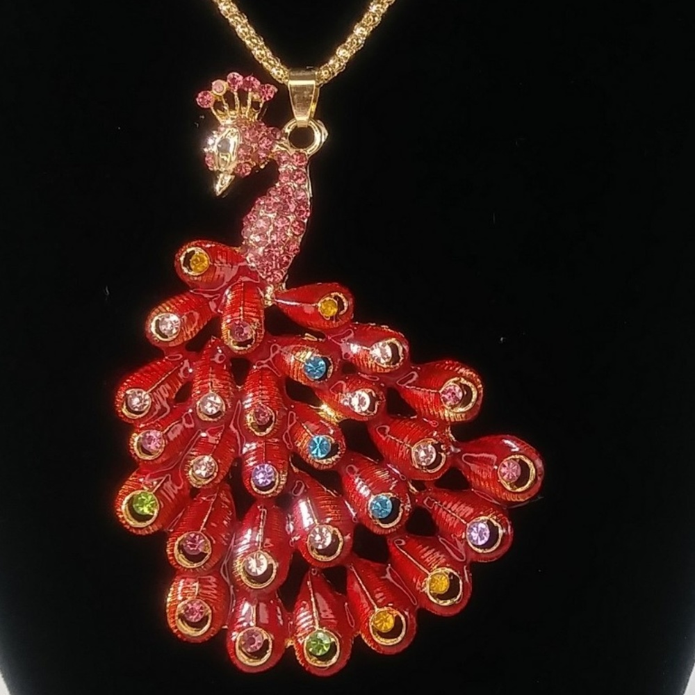 Statement Red Rhinestone Enamel Peacock NWT-